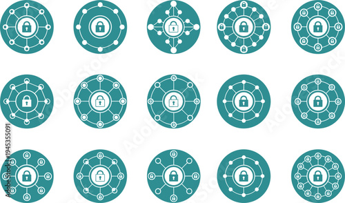 Network Security Lock Icon Set for Digital Technology, Data Protection, and Secure Communication in Encryption and Cybersecurity Systems Vector Illustration