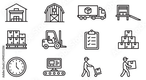 various warehouse and logistics concepts collection of black and white line icons depicting 