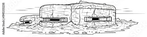 Sketch of multiple concrete military bunkers with openings on a textured landscape