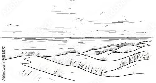 Sketch of rolling dunes leading to a distant, calm ocean under a cloudy sky
