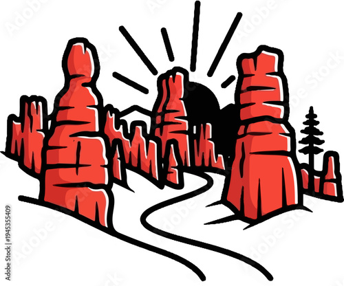 Red rock formations and a road under a sunrise, with a lone pine tree