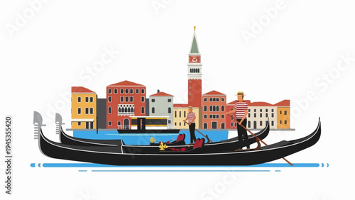 Gondola boats glide through Venetian canals past colorful buildings and a tall tower