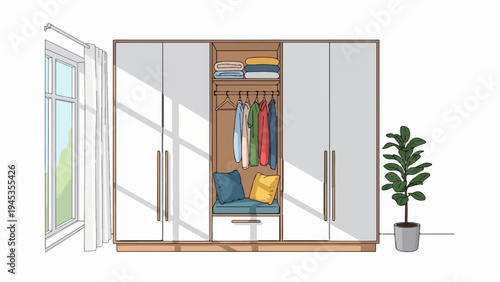 Modern closet with clothes, folded linens, seat, drawer, window, and plant