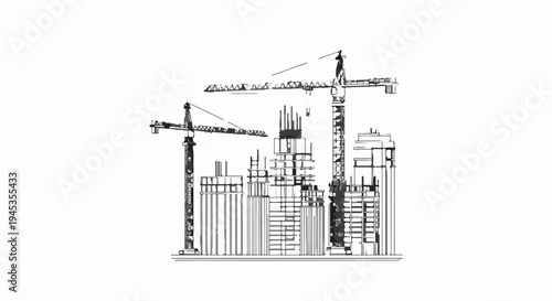 Sketch of two cranes overseeing a city skyline under construction