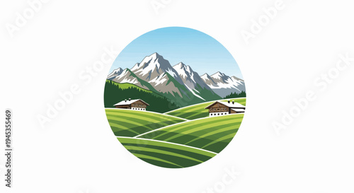 Serene alpine valley with snow-capped peaks, lush green fields, and chalets