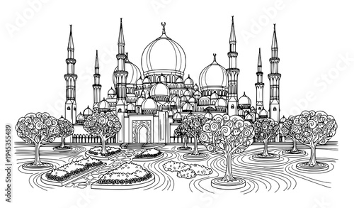 Islamic mosque landscape line drawing domes minarets trees vector