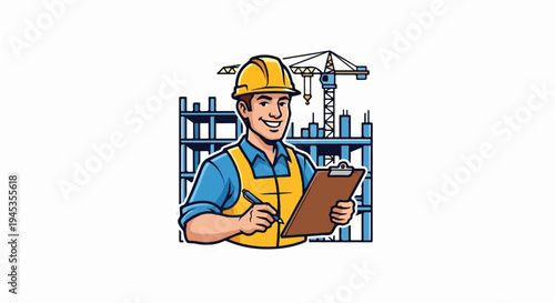 Smiling construction worker in hard hat and vest, holding clipboard at site