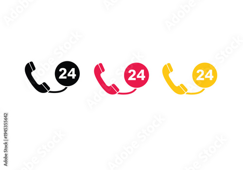 24/7 service icons with phone receiver in black, red, and yellow, colors are black, red, and yellow