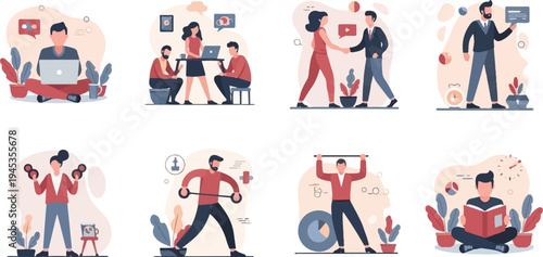 Collection of flat illustrations depicting work, fitness, and leisure activities