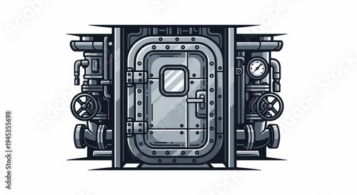Heavy industrial door with pipes, valves, and gauge
