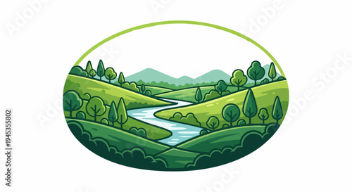 Stylized rolling green hills with a winding river and distant mountains