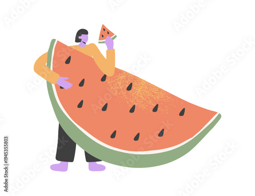 A cartoon girl with a huge watermelon harvest. Illustration of a character with organic fruit for packaging, coating, smoothies or a healthy product. Vector illustration.