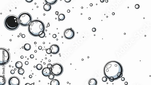 Numerous transparent bubbles floating in an empty, bright background