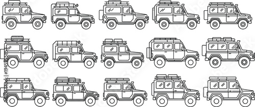 Off-Road Adventure SUV Car Icon Set with Roof Racks and Outdoor Equipment for Expedition, Camping, and Overlanding Travel Vector Illustration
