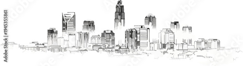 Sketchy monochrome cityscape with tall modern buildings and textured lower structures