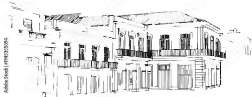 Sketchy rendering of old multi-story buildings with ornate balconies