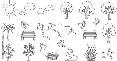 Collection of amusement park and summer icons in a simple line art style
