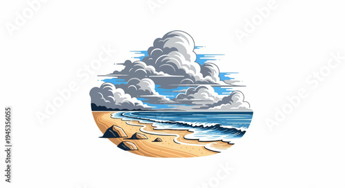 Pixel art beach scene with dramatic clouds and ocean waves