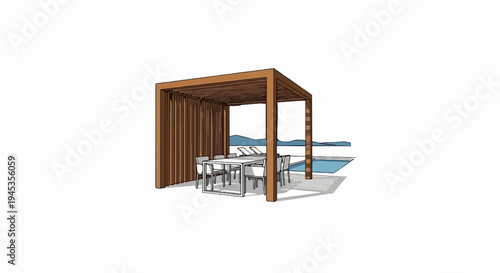 Outdoor dining area with pergola, table, chairs, and pool in background