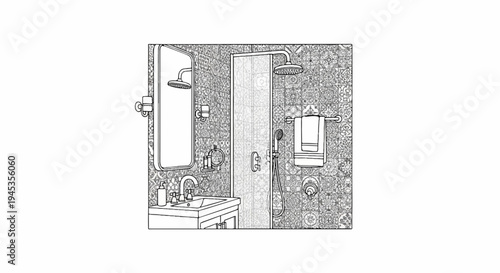 Sketch of a tiled bathroom interior with a sink and shower