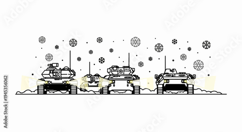 Three tanks advance in a snowy, star-like pattern landscape