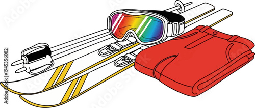 Ski gear, including goggles, skis, poles, and red pants, on white background