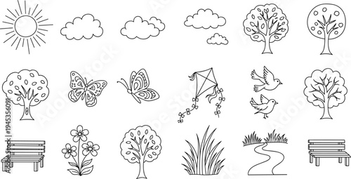 Whimsical hand-drawn collection of spring and summer park elements for creative projects