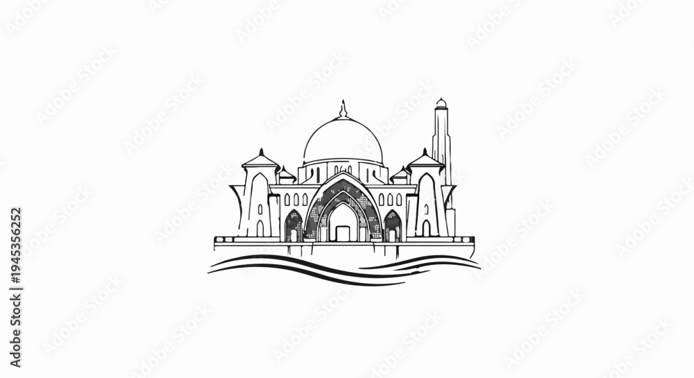 Naklejka premium Sketch of a grand mosque with a central dome and minaret