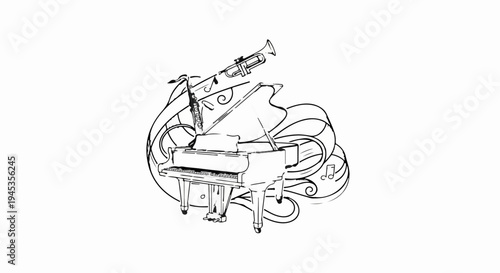 Sketch of a grand piano with a clarinet and trumpet above, musical notes