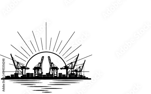 Silhouette of port cranes and shipping containers against a sunrise over water