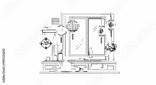 Sketch of a kitchen counter with a window, tea set, and lanterns