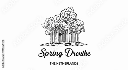 Black and white illustration of a dense forest with text below