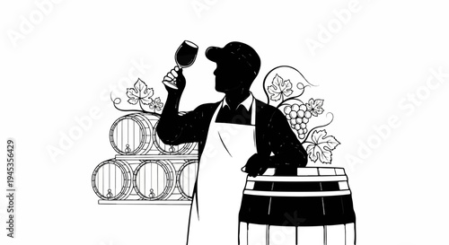 Silhouette of a person tasting wine near barrels and grapes