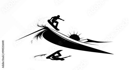 Silhouette of snowboarders performing aerial tricks against a stylized sun