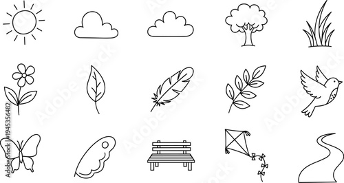 Collection of hand-drawn nature and outdoor elements in a simple doodle style