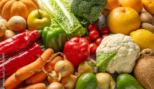 various fresh raw vegetables and fruits