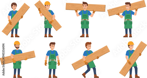 Carpenter Workers Carrying Wooden Planks Vector Illustration Set Showing Construction Builders Holding Timber Boards in Different Poses for Building and Woodwork Concepts