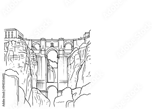 Sketch of a bridge spanning a deep gorge between rocky cliffs
