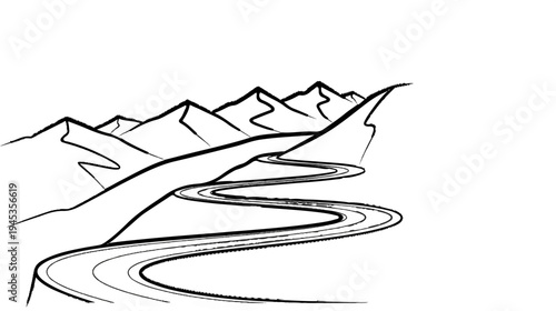 A winding road navigates through stark, minimalist mountains