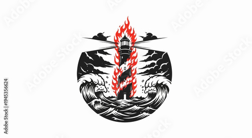 Stylized illustration of a burning lighthouse amidst stormy seas and dark clouds