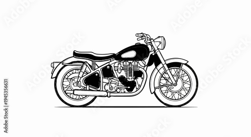 Black and white illustration of a classic motorcycle from the side