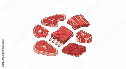 Assortment of raw meat cuts, including steaks, ribs, and ground meat