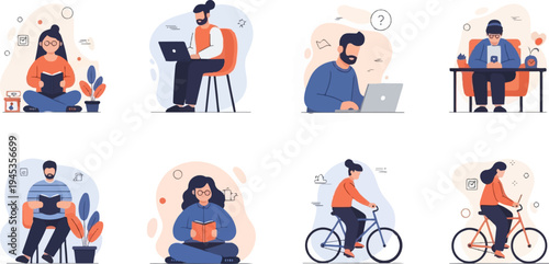 Stylized people engage in reading, working on laptops, and cycling in flat design