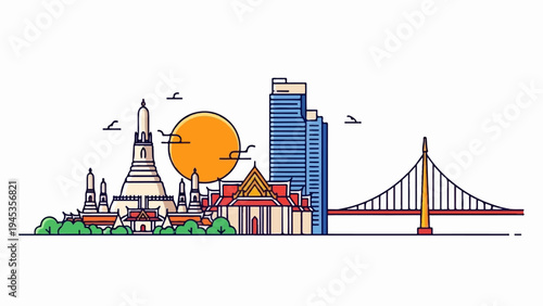 Stylized city skyline with a pagoda, modern tower, bridge, and sun