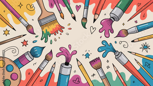 Colorful artistic supplies explode in a creative burst of paintbrushes pencils and paints on a vibrant background with stars and hearts symbolizing inspiration and imagination
