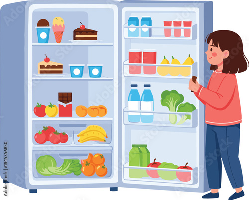 Woman opening refrigerator with fresh food vector illustration featuring fruits, vegetables, milk, desserts, and healthy groceries inside modern kitchen fridge