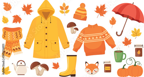 Autumn Fall Season Illustration Set with Cozy Clothes, Leaves, Mushrooms, Pumpkin, Tea, and Cute Fox for Fall Harvest and Outdoor Comfort Concepts
