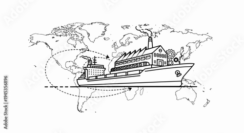 World map with cargo ship representing global industry and transport