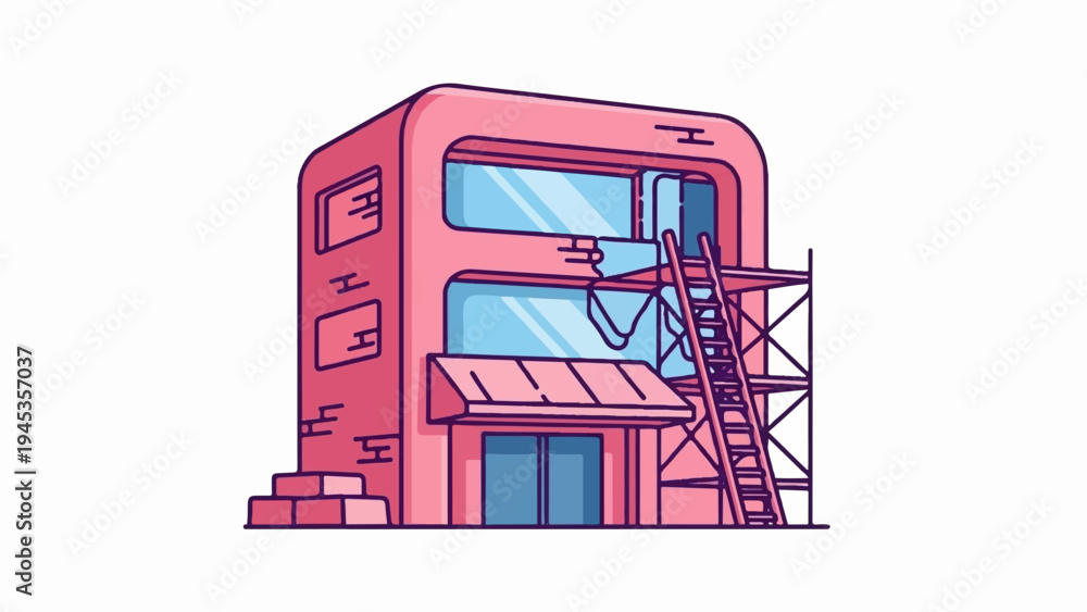 Fototapeta premium Pink building undergoing renovation with scaffolding and ladder