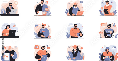 Twelve diverse individuals engaged in modern digital activities